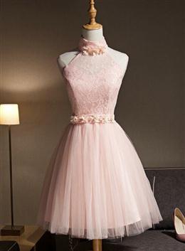 Picture of Lovely Pink Halter Tulle Flowers Short Prom Dresses Homecoming Dresses, Pink Graduation Dress Party Dress